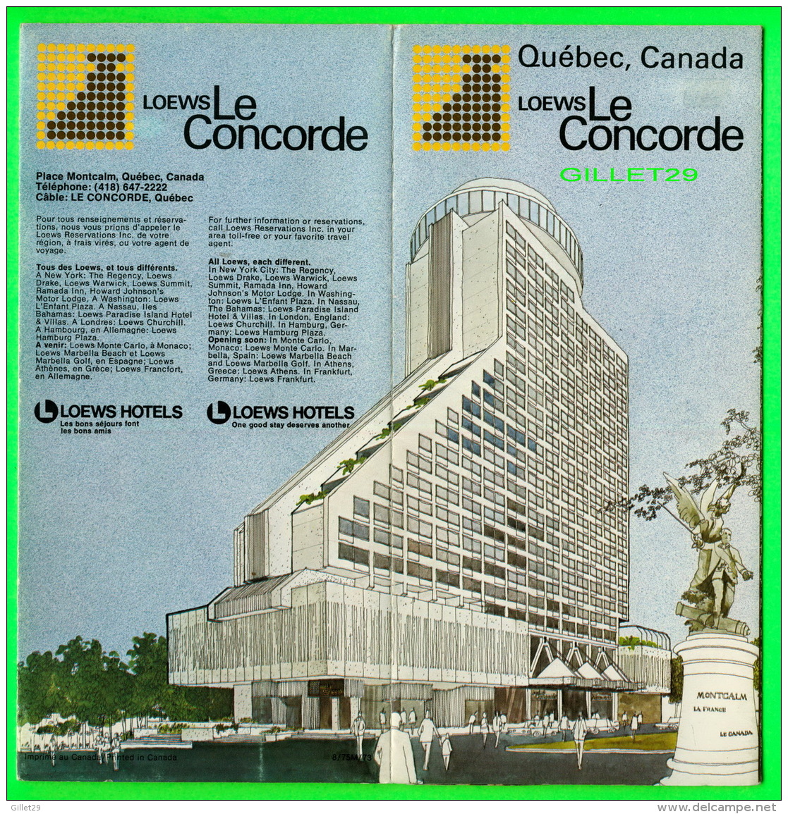 PUBLICITÉ - DÉPLIANT TOURISTIQUE - QUÉBEC, LOEWS LE CONCORDE EN 1974 - 8 PAGES - - Dépliants Touristiques