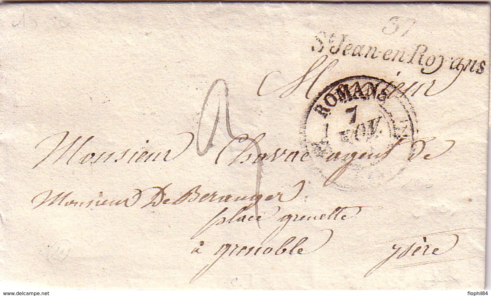 ISERE - 37 ST JEAN-EN-ROYANS - CURSIVE - CACHE T12 ROMAN (25) DU 7 NOVEMBRE 1836 - AVEC TEXTE ET SIGNATURE. - 1801-1848: Précurseurs XIX