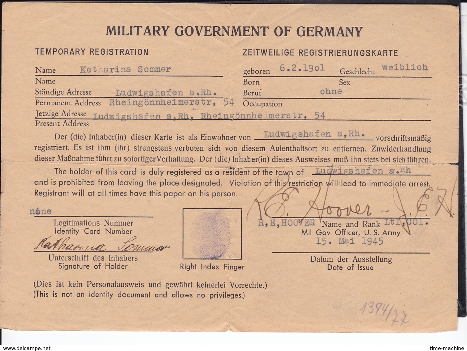 Military Government Of Germany  Zeitweilige Registrierungskarte Ludwigshafen 1945 - Briefe U. Dokumente