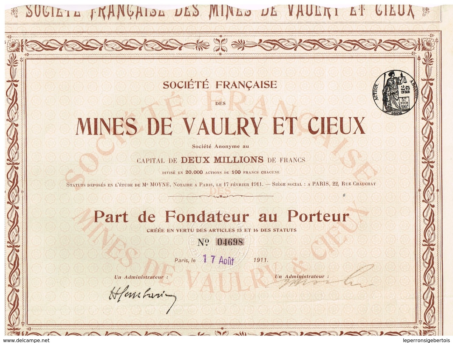 Ancienne Action - Société Française Des Mines De Vaulry Et Cieux  - Titre De 1911 - Mines