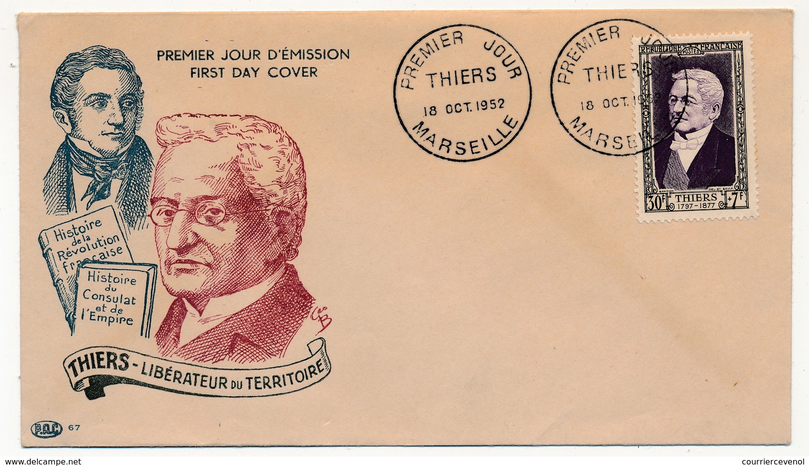 FRANCE - Enveloppe FDC - Adolphe THIERS - Premier Jour - MARSEILLE - 1952 - 1950-1959