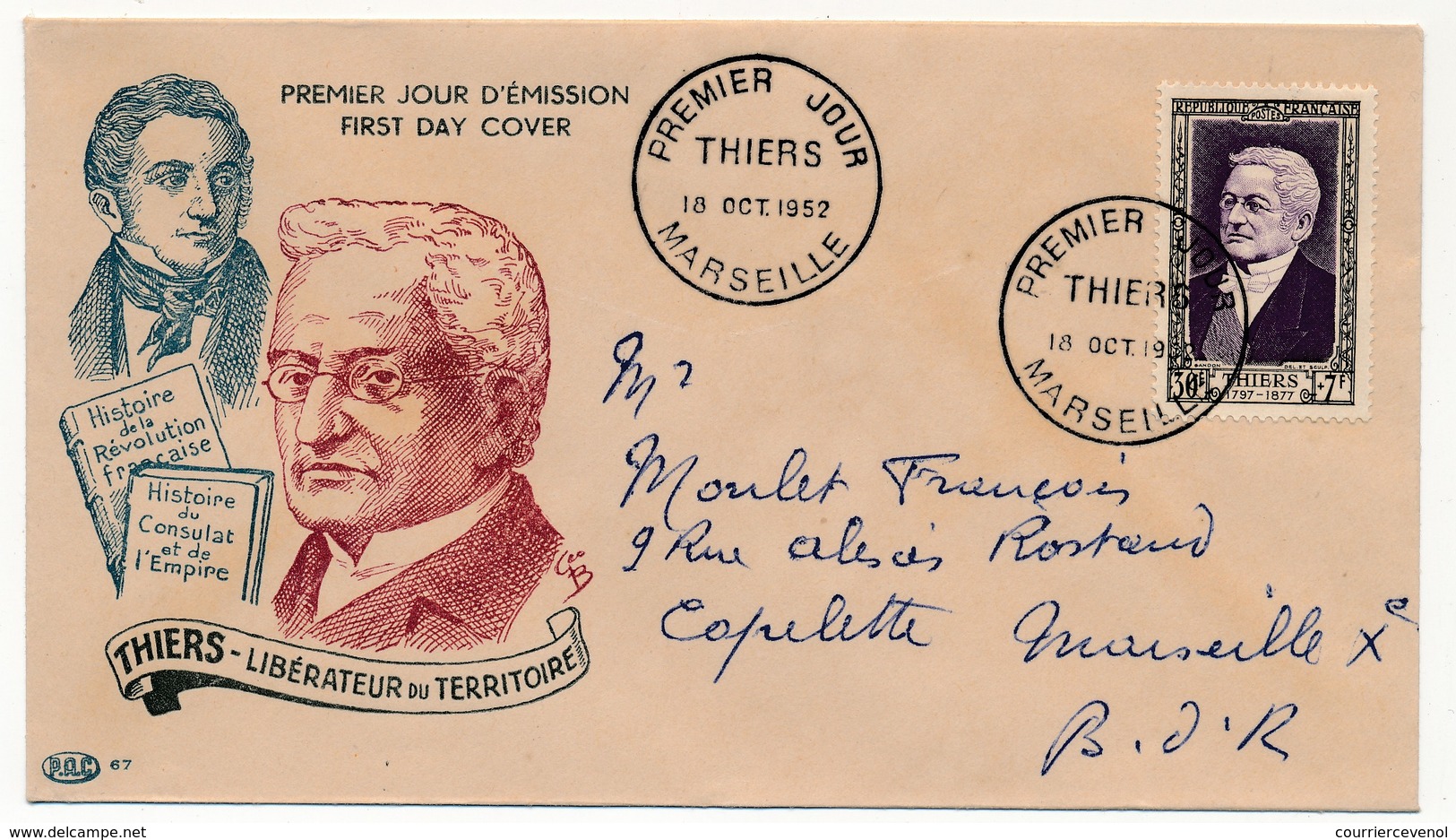 FRANCE - Enveloppe FDC - Adolphe THIERS - Premier Jour - MARSEILLE - 1952 - 1950-1959