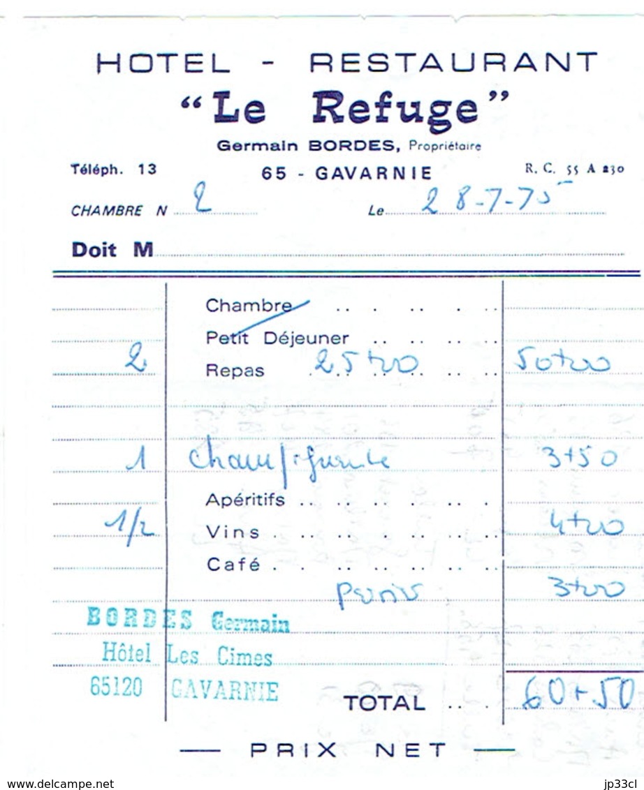 Ancienne Facture De L'Hôtel Restaurant Le Refuge, Germain Bordes, Gavarnie (28/7/1975) - Sport & Turismo