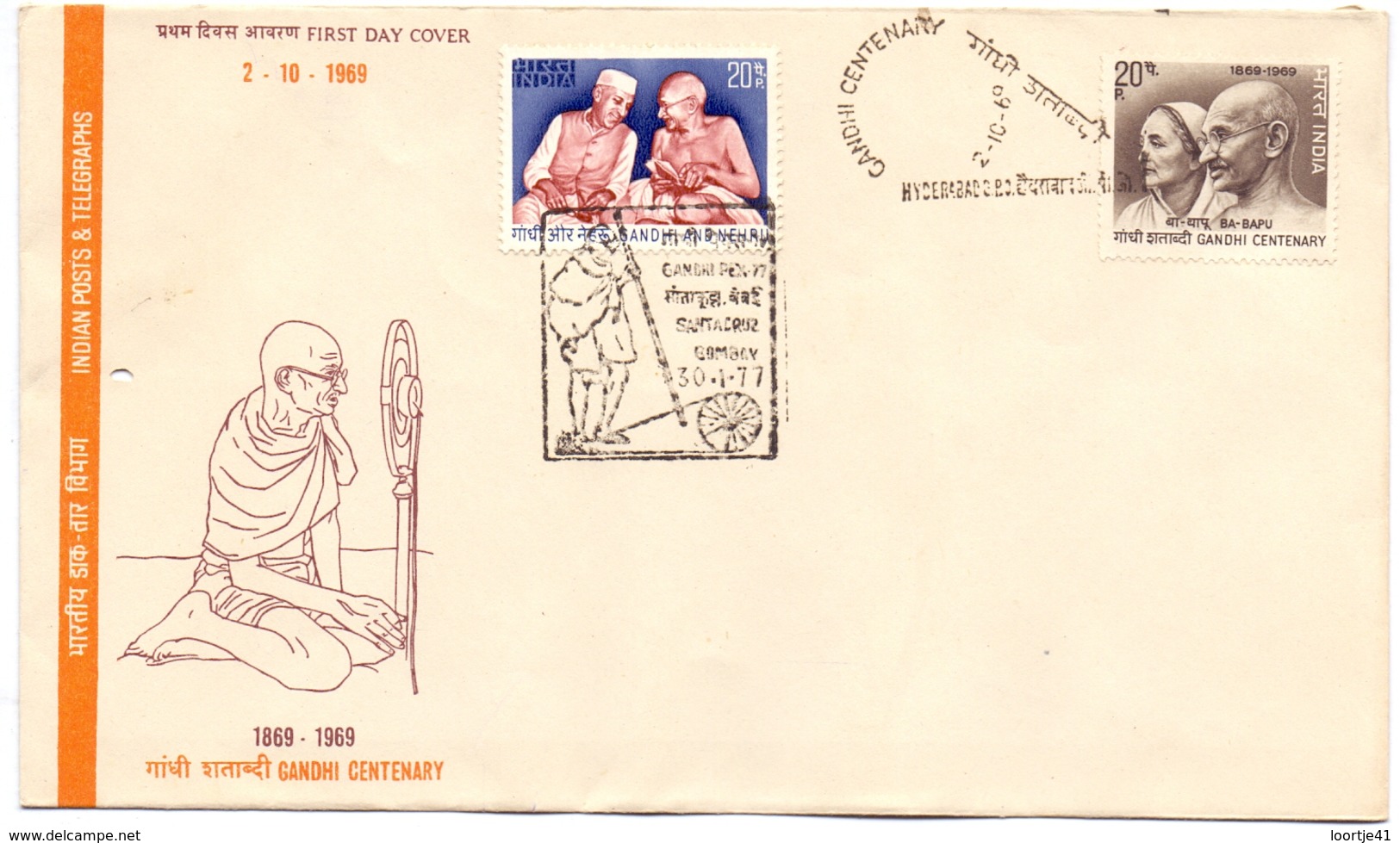 Omslag Enveloppe - Stempel Cachet  - FDC - India - Gandhi Centenary - 1869 - 1969 - FDC