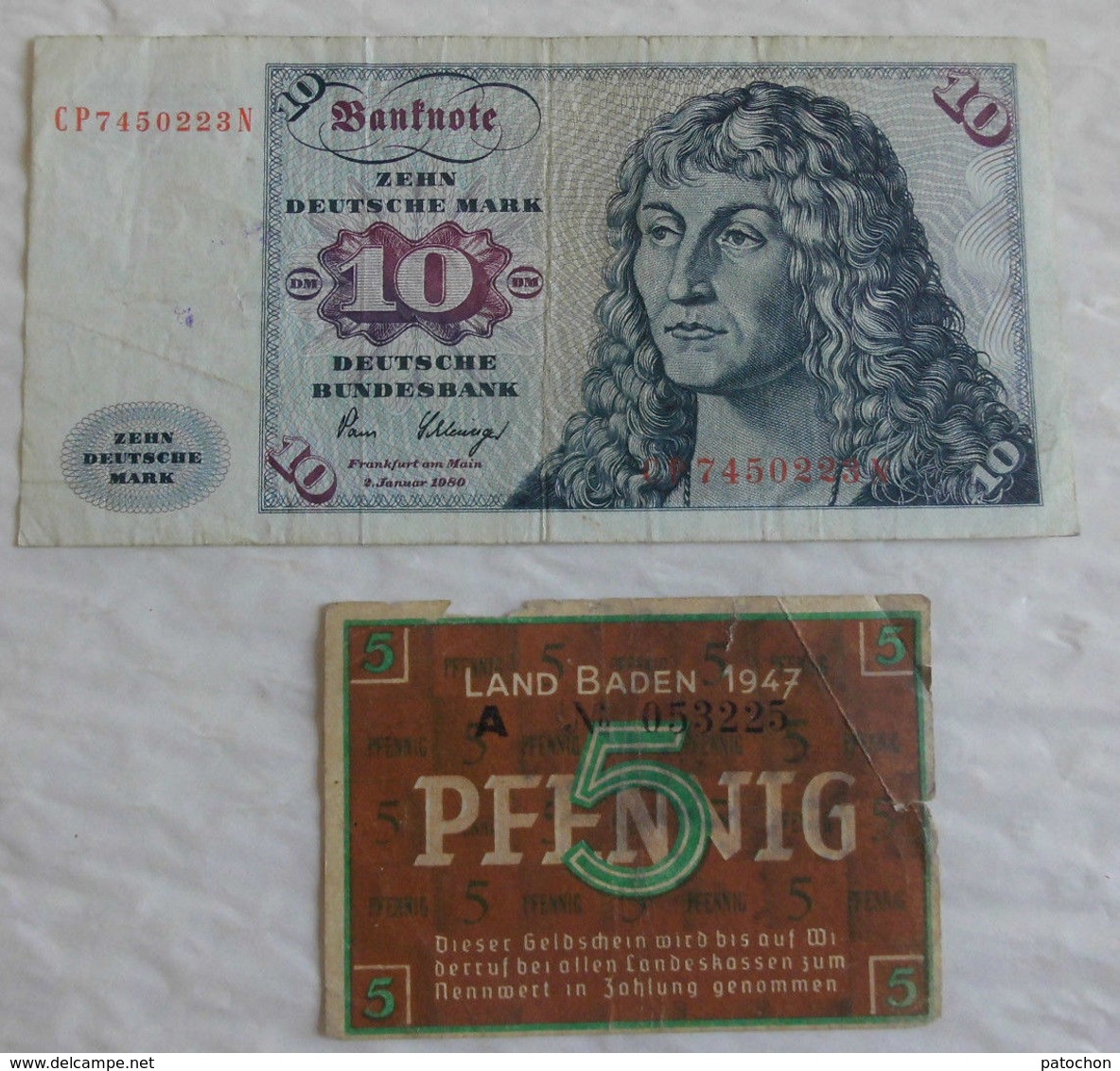 2 Billet De Banque D'Allemagne 5 Pfennig Land Baden 1947 & 10 Mark 1980 - Other & Unclassified