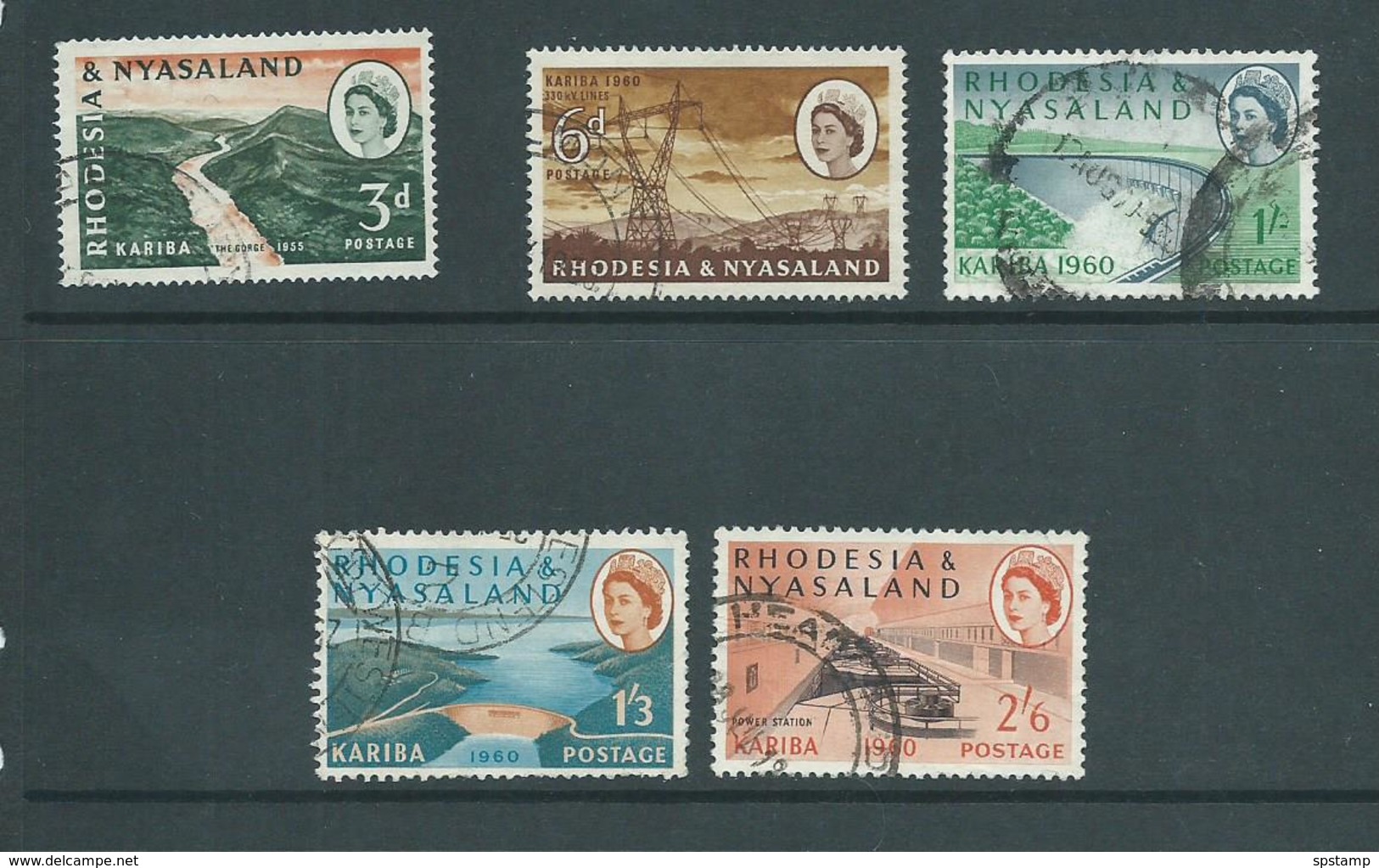 Rhodesia & Nyasaland 1960 Kariba Dam Short Set Of 5 To 2/6 FU , 1/3 A Few Short Perfs - Rhodesia & Nyasaland (1954-1963)