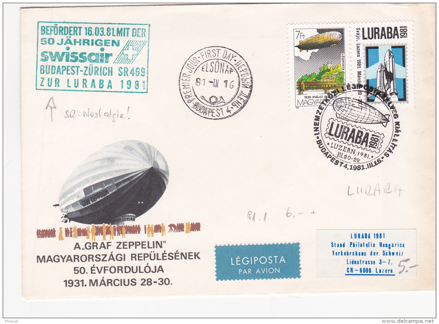 Befürdet 16.03.81 50 Jährigen Swissair Budapest-Z&uml;rich SR 469 Zur LURABA 1981 - Storia Postale