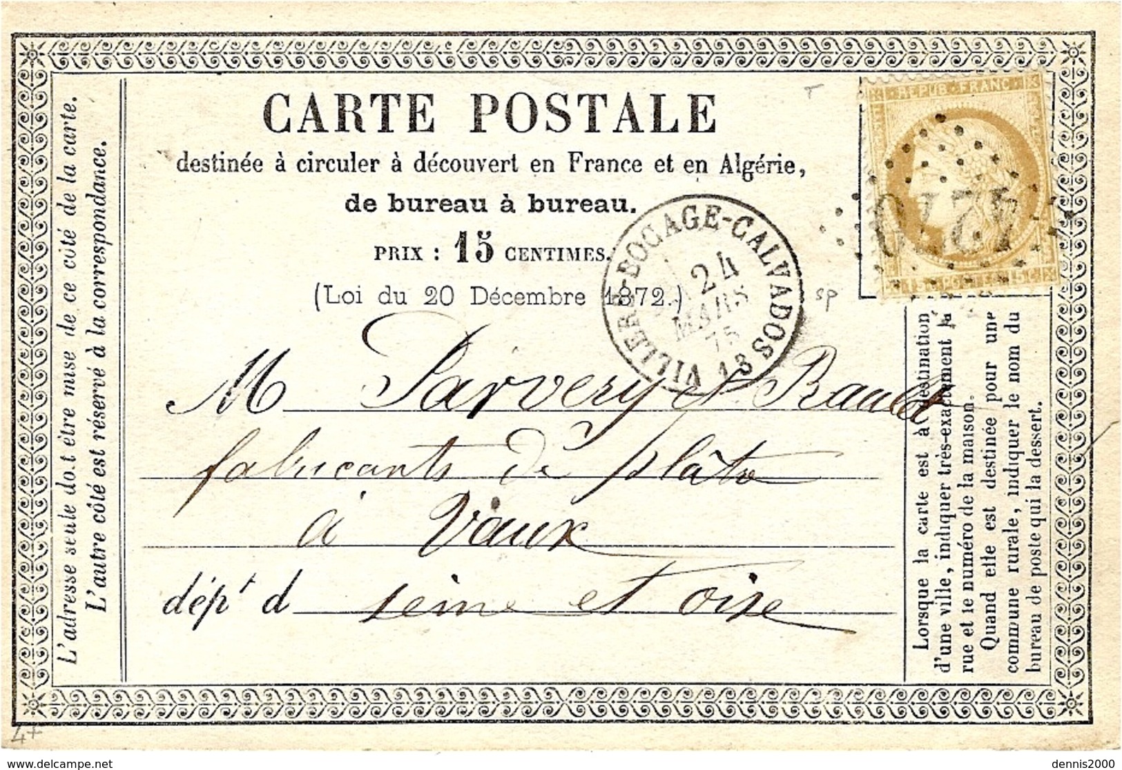 1875- C P Précurseur  De VILLERS-BOCAGE-CALVADOS  ( Calvados ) Cad T16 Affr. N°55 Oblit. G C 4270 - 1849-1876: Periodo Classico