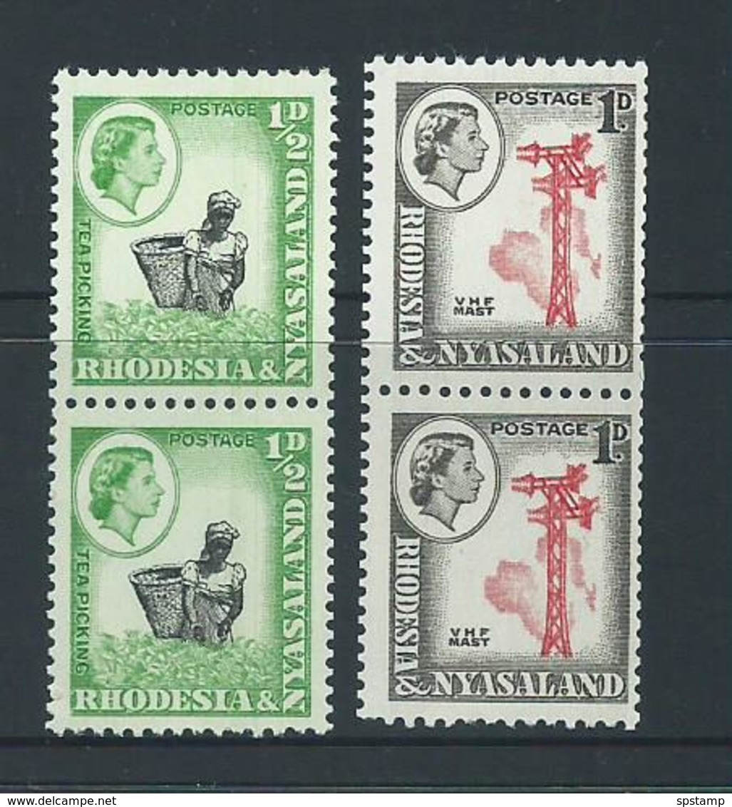 Rhodesia & Nyasaland 1963 QEII 1/2d & 1d Coil Stamps MNH Pairs - Rhodesia & Nyasaland (1954-1963)