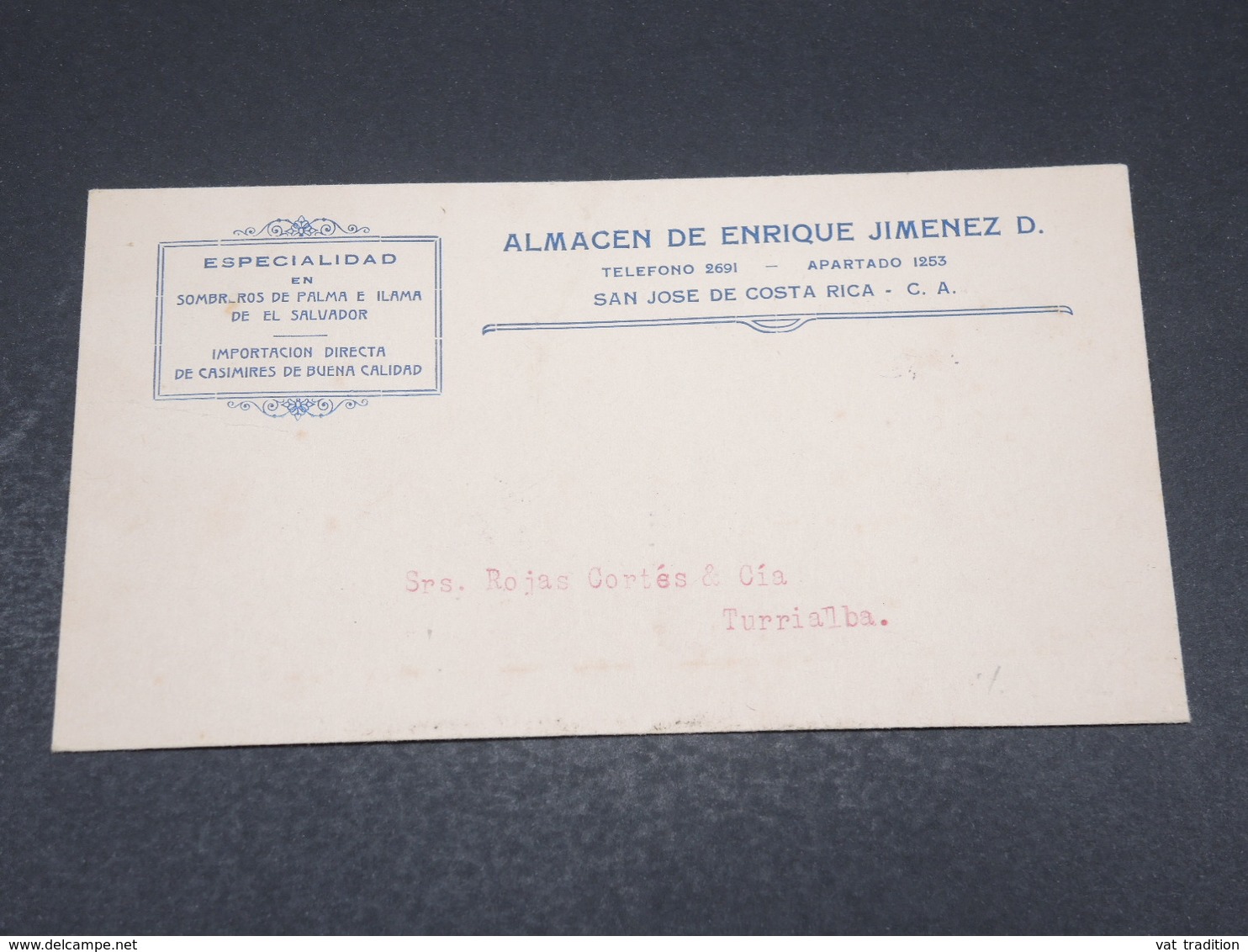 COSTA RICA - Enveloppe Commerciale De San José Pour Turrialba En 1928 , Affranchissement Au Verso - L 17378 - Costa Rica