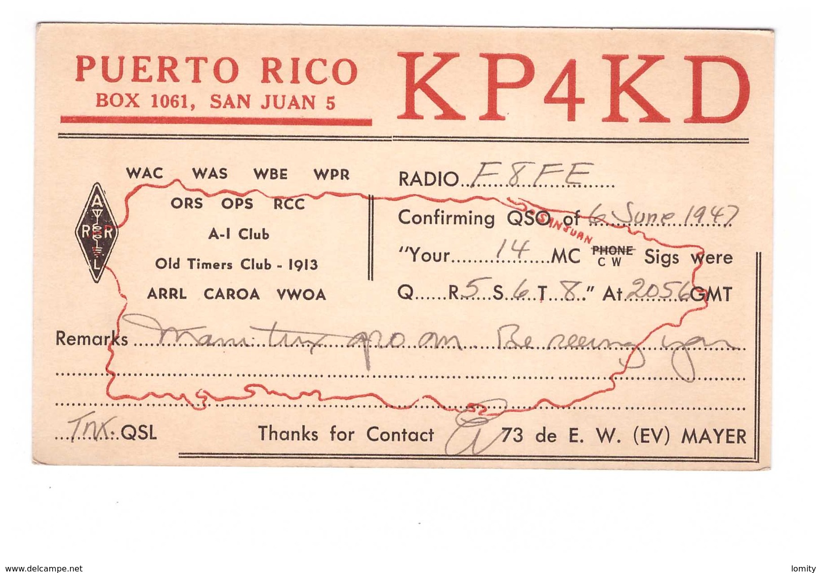 Carte QSL Card Puerto Rico San Juan KP4KD Radio F8FE  1947 - Radio Amateur