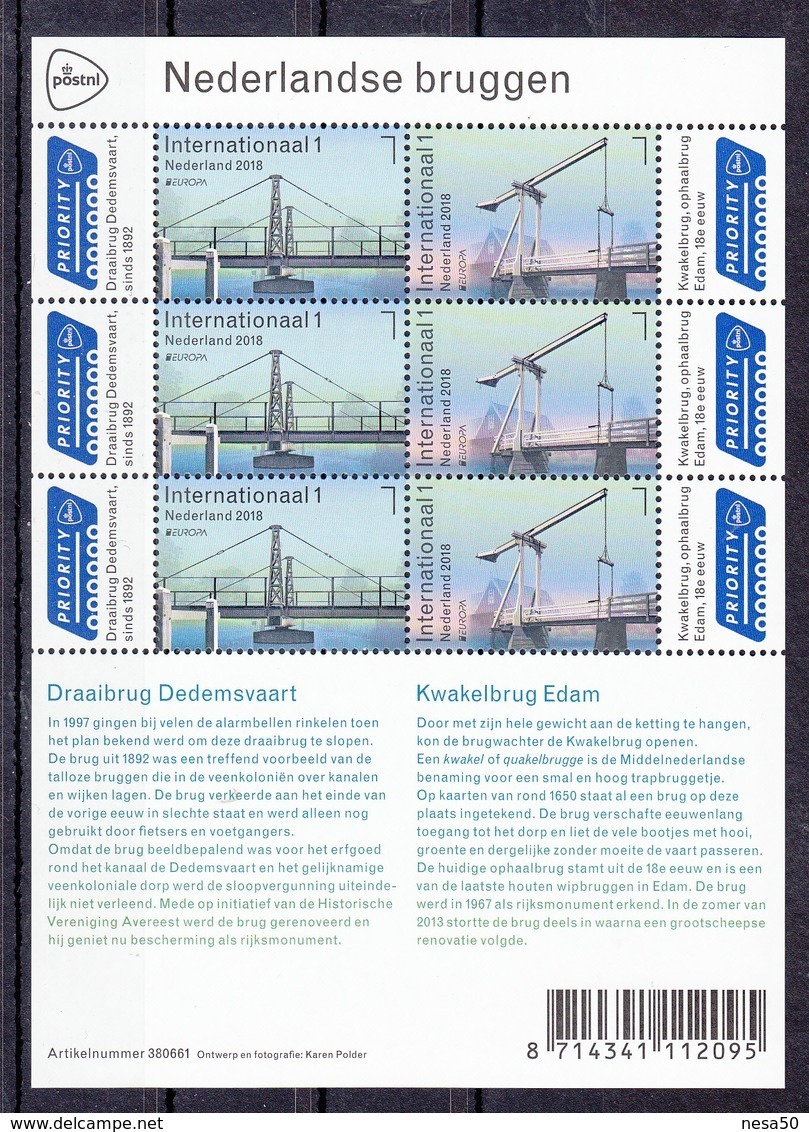 Nederland 2018 Nvph Nr ?, Mi Nr ?, Nederlandse Bruggen, Europa, Dedemsvaart En Kwakelbrug Postfris , Sheet - Unused Stamps