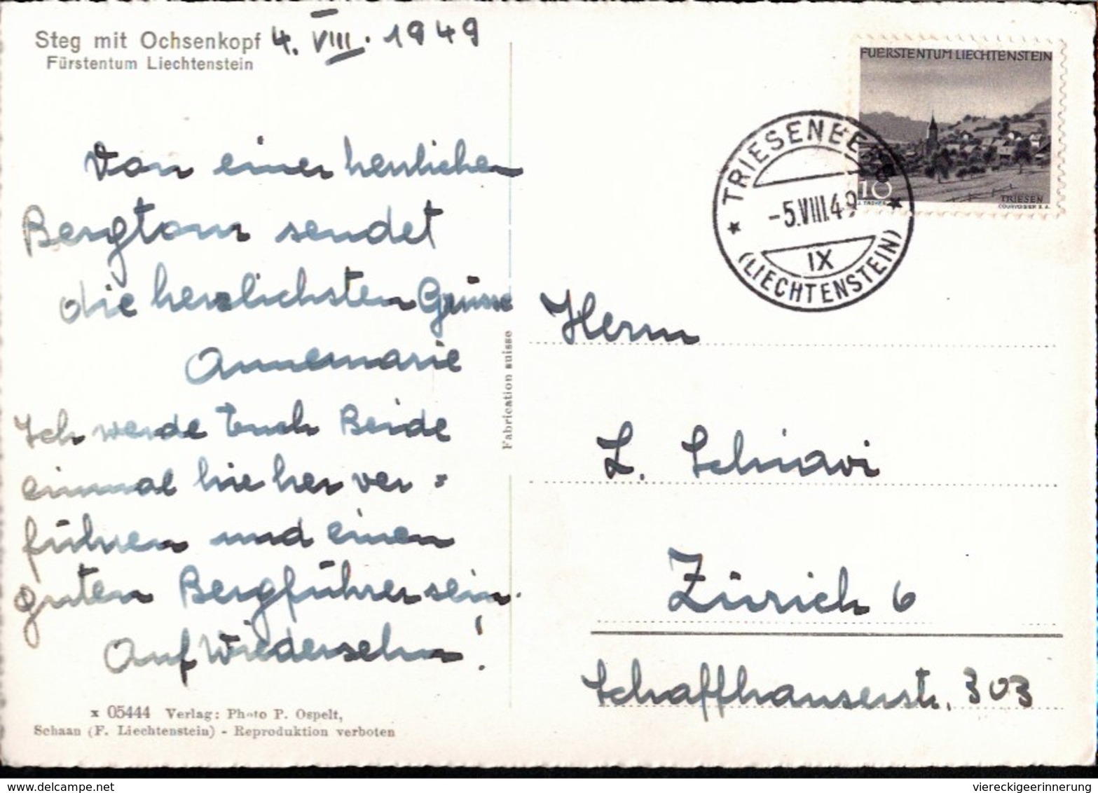 ! Ansichtskarte, 1949 Steg Mit Ochsenkopf, Liechtenstein, Poststempel Triesenberg, Alpen - Liechtenstein