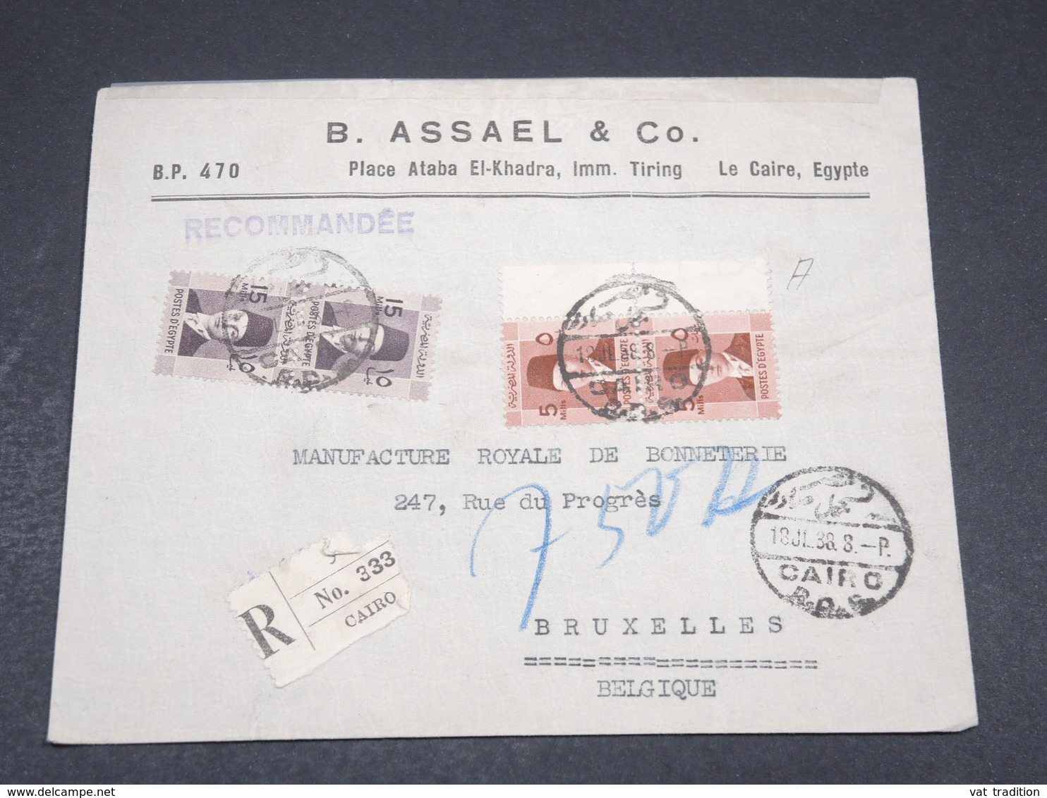 EGYPTE - Enveloppe Commerciale En Recommandé Du Caire Pour La Belgique En 1938 - L 17415 - Covers & Documents