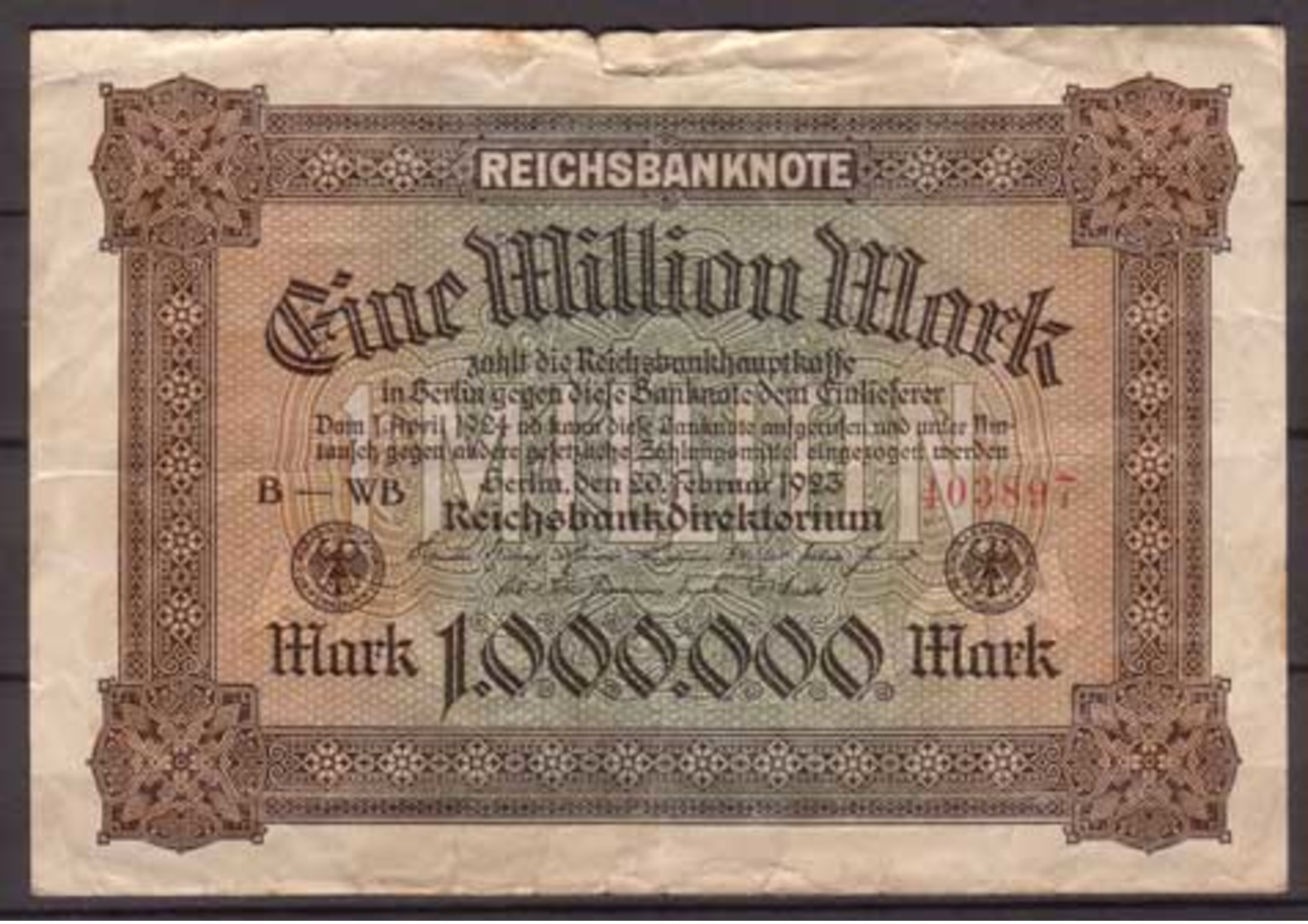 Weimarer Republik , Infla , 1 Mio. Mark , 1923 , RB-85a , VG , Einseitig Bedruckt - 1 Mio. Mark