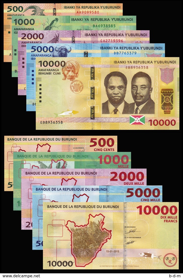 Burundi Set 500 1000 2000 5000 10000 Francs / Amafaranga 2015 Pick 50-54 New UNC - Burundi