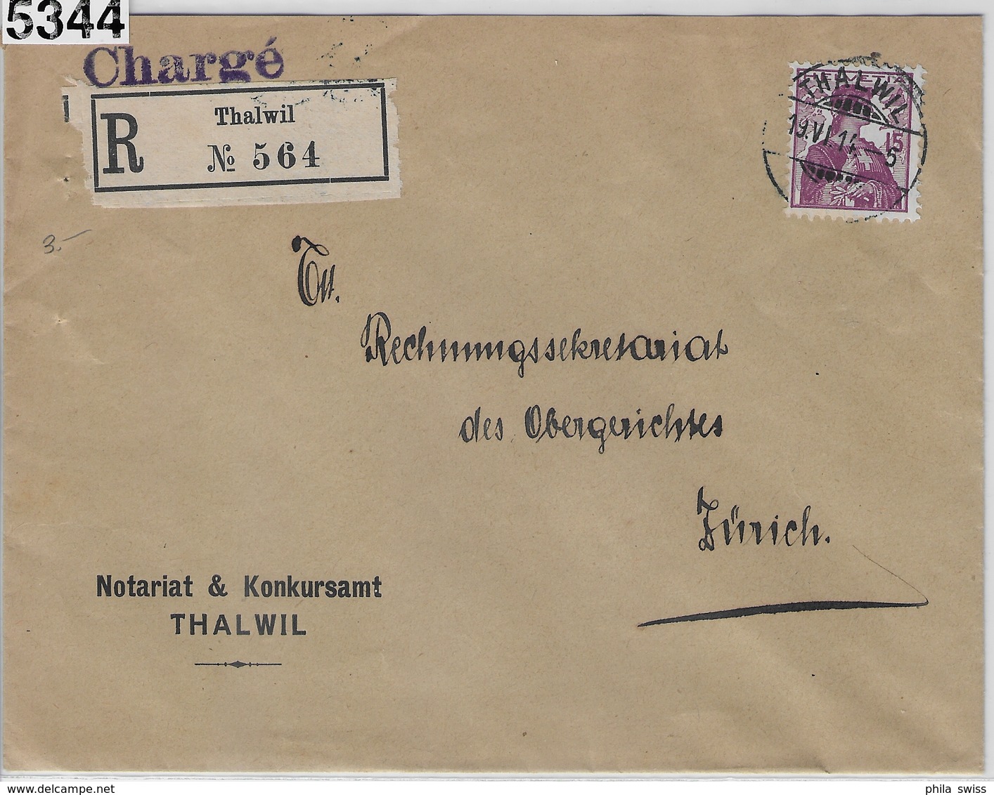 1914 Helvetia 122/116 Charge Thalwil 19.VI.14 To Zürich - Lettres & Documents