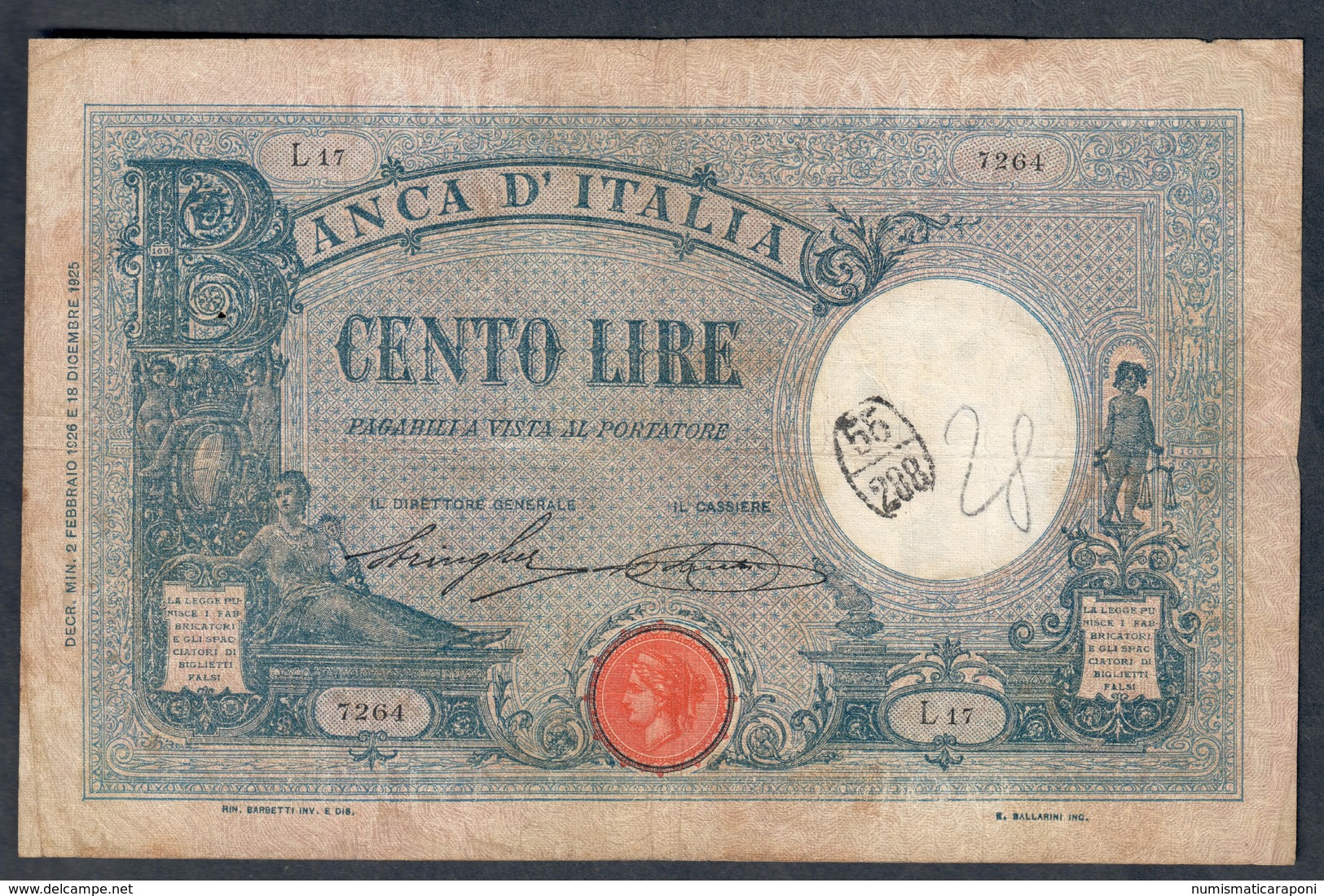 100 LIRE AZZURRINO DECRETO 02 02 1926 FORO DI SPILLA TIMBRO E SCRITTA MA RARO E DI BELLA PRESENZA  LOTTO 1833 - 100 Lire