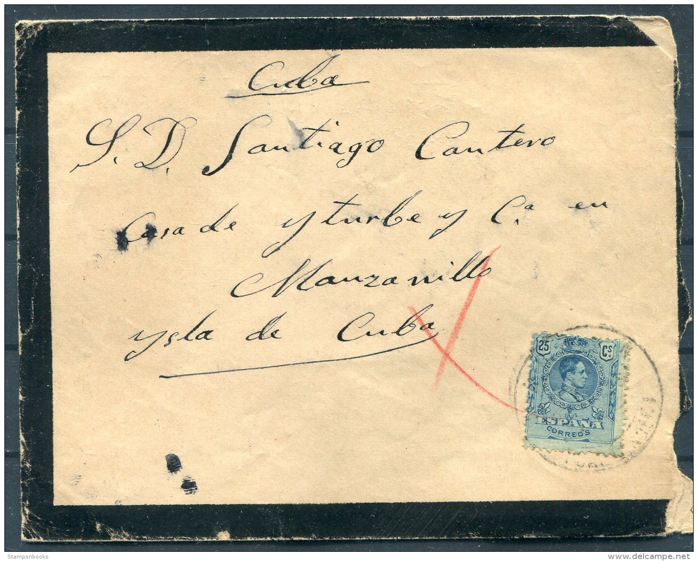 1913 Spain Madrid Mourning Cover -  Manzanillo Cuba - Covers & Documents