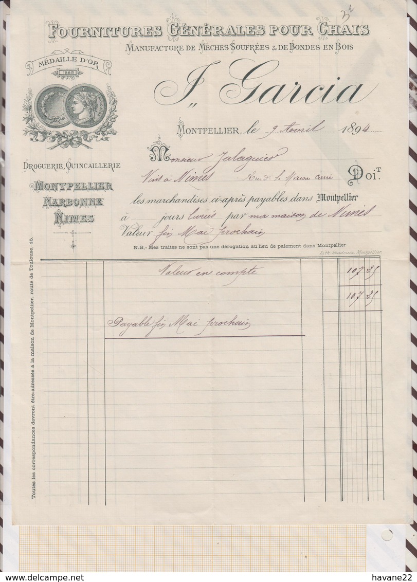 8/01 Lettre Facture GARCIA MONTPELLIER 1894 FOURNITURES GENERALES POUR CHAIS - 1800 – 1899