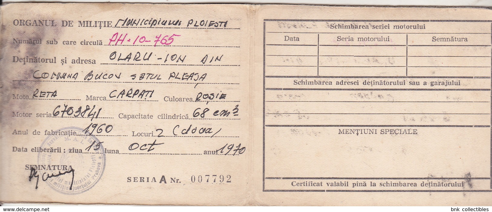 Romania Old 1970 Moped Registration Certificate - Motorfietsen