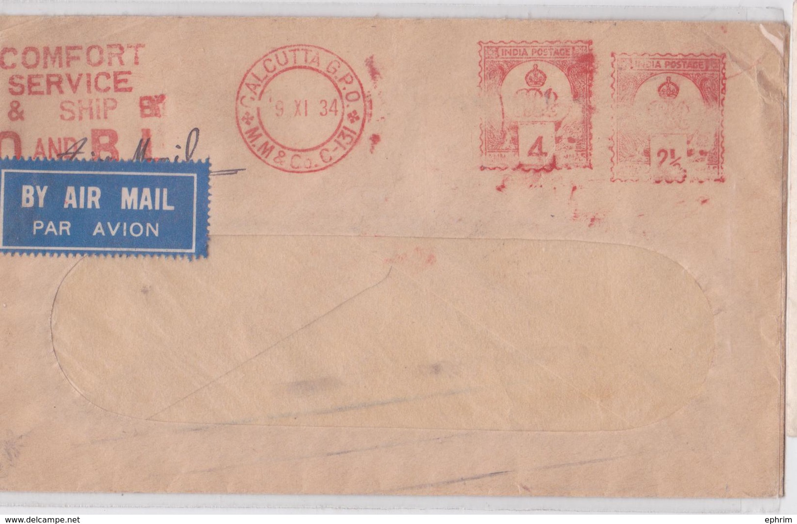 CALCUTTA BRITISH INDIA METER MAIL COVER SLOGAN COMFORT SERVICE SHIP TO HONG KONG ENVELOPPE AFFRANCHISSEMENT MACHINE INDE - 1911-35 Roi Georges V