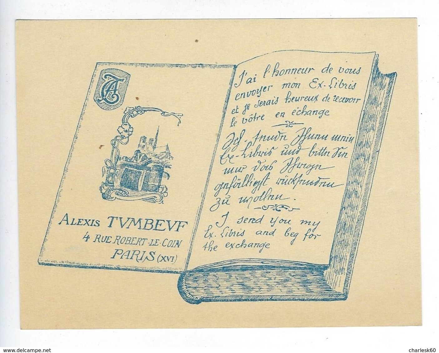 Vieux Papiers Ex Libris Alexis Tumbeuf Rue Robert Le Coin Paris Publicité - Bookplates