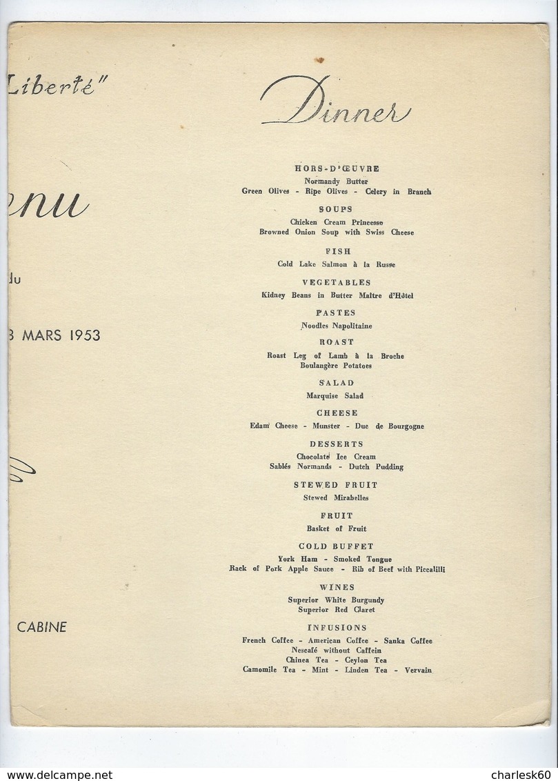 Vieux Papiers Menu 1953 Compagnie Générale Transatlantique French Line Paquebot Liberté - Menus