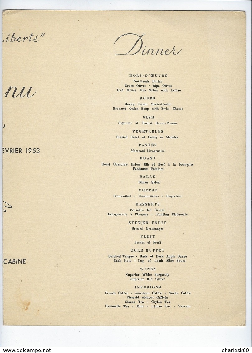 Vieux Papiers Menu 1953 Compagnie Générale Transatlantique French Line Paquebot Liberté - Menus