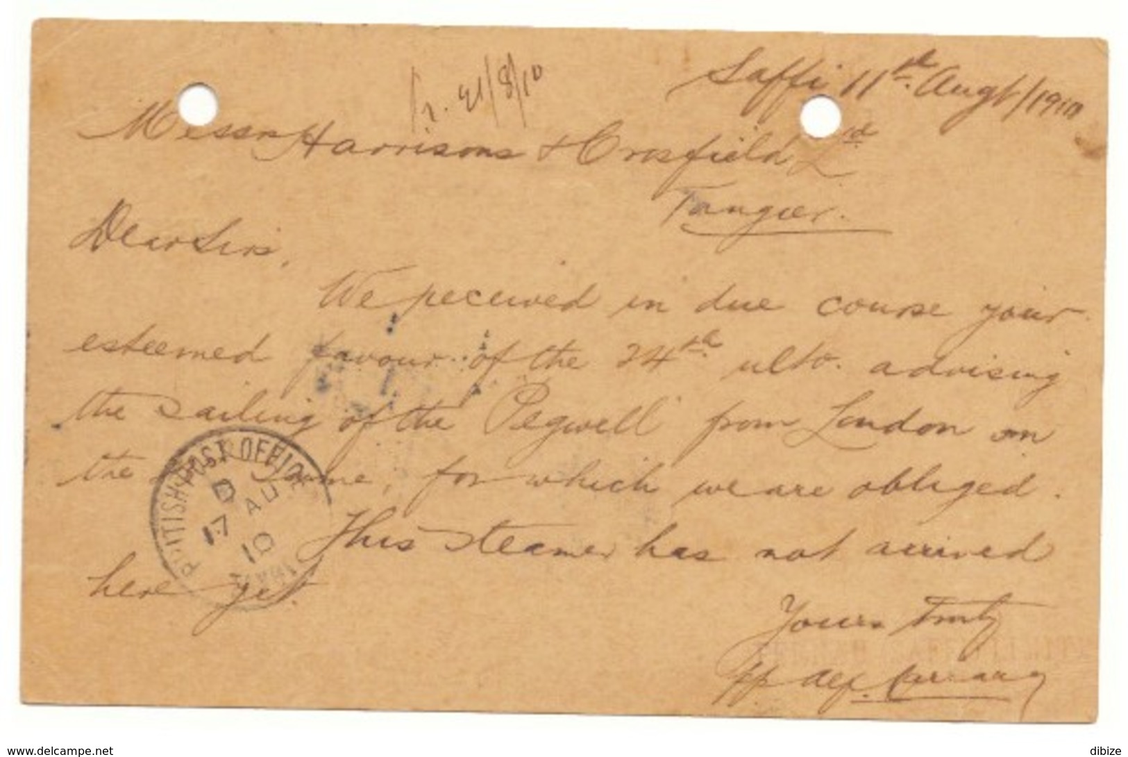 Marcophilie Maroc Entier Postal Avec Cachet De Poste Anglaise à Saffi De 1910 - Autres & Non Classés