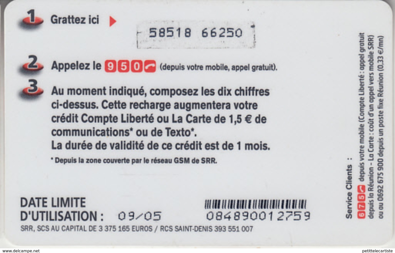 LA RÉUNION - TÉLÉCARTE - GSM * RARE  *** RECHARGE GSM - SFR / NRJ 1,5 - 09/05 *** - Réunion