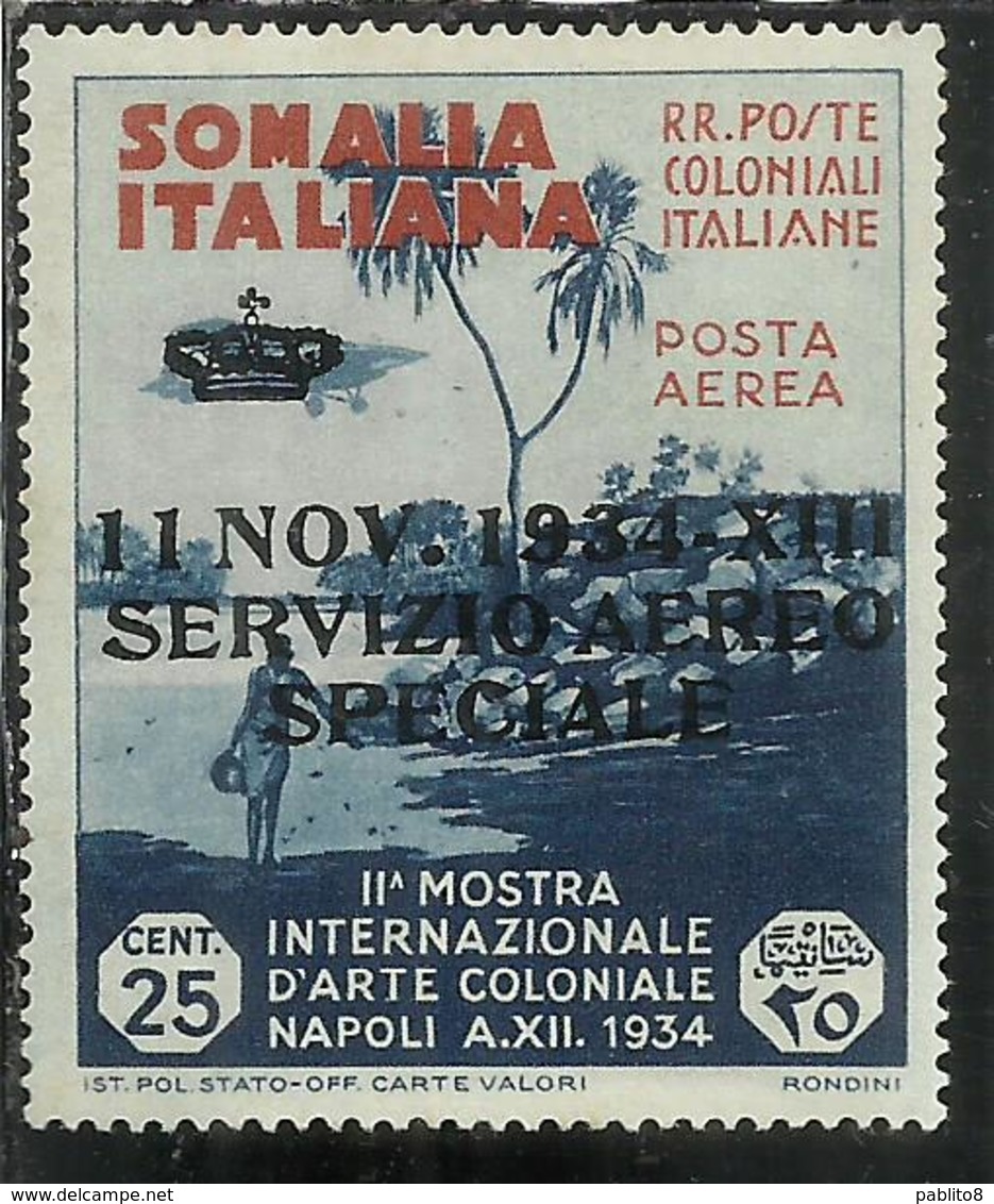 SOMALIA 1934 SERVIZIO AEREO SPECIALE SOPRASTAMPATO DI POSTA AEREA CENT. 25c MNH CERTIFICATO - Somalia