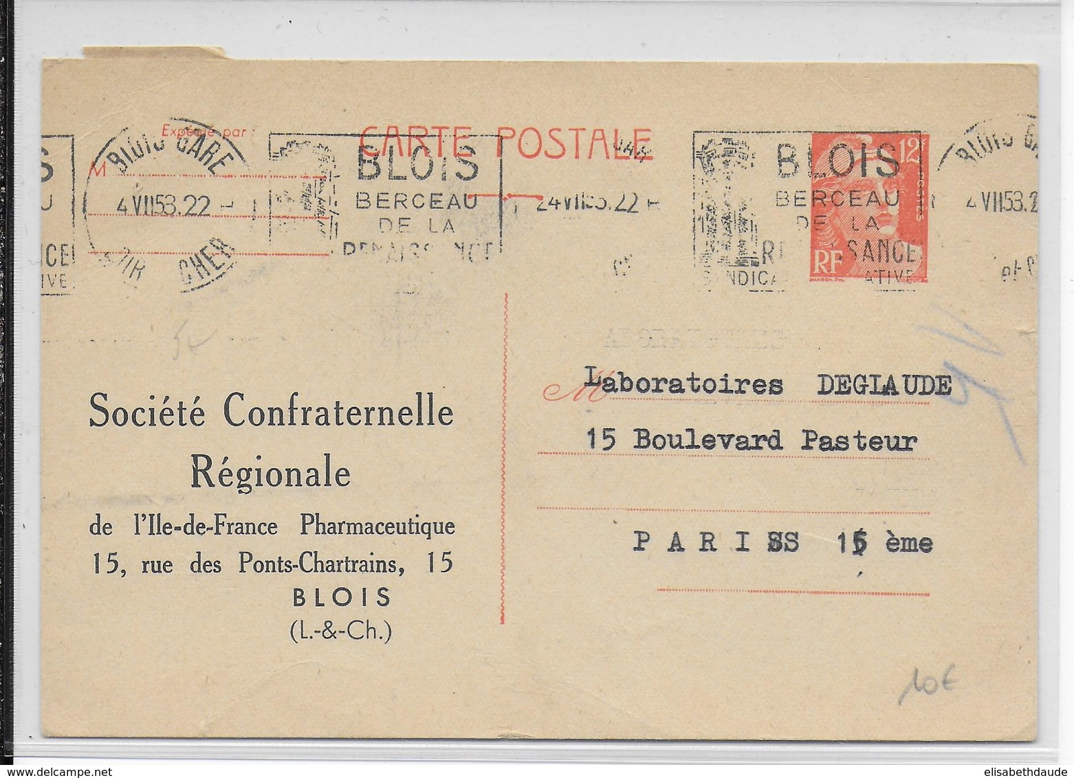 1953 - CARTE ENTIER TYPE GANDON Avec REPIQUAGE (PHARMACIE) à BLOIS (LOIR ET CHER) - Cartoline Postali Ristampe (ante 1955)