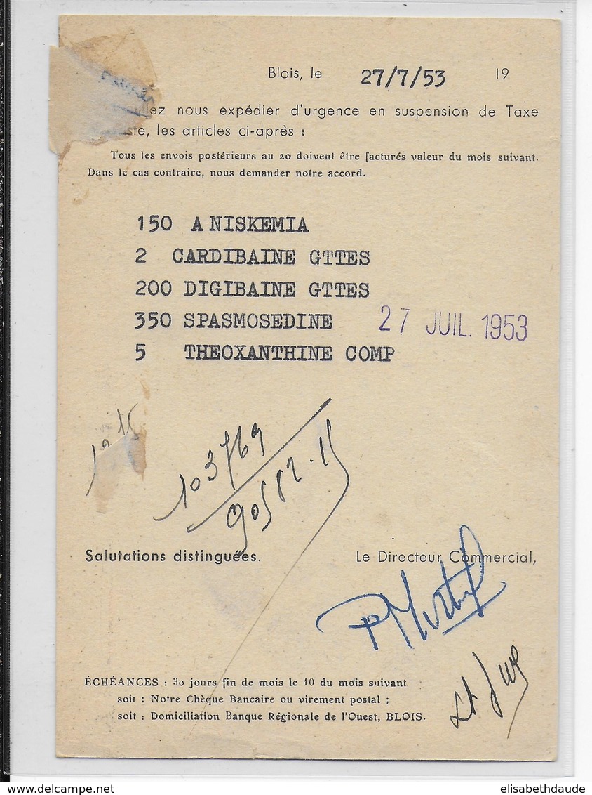 1953 - CARTE ENTIER TYPE GANDON Avec REPIQUAGE (PHARMACIE) à BLOIS (LOIR ET CHER) - Cartes Postales Repiquages (avant 1995)