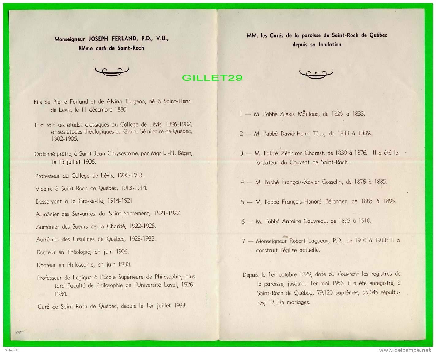 RELIGIONS - MONSEIGNEUR JOSEPH FERLAND, 8e  CURÉ DE SAINT-ROCH DE QUÉBEC - 4 PAGES - - Religion & Esotericism