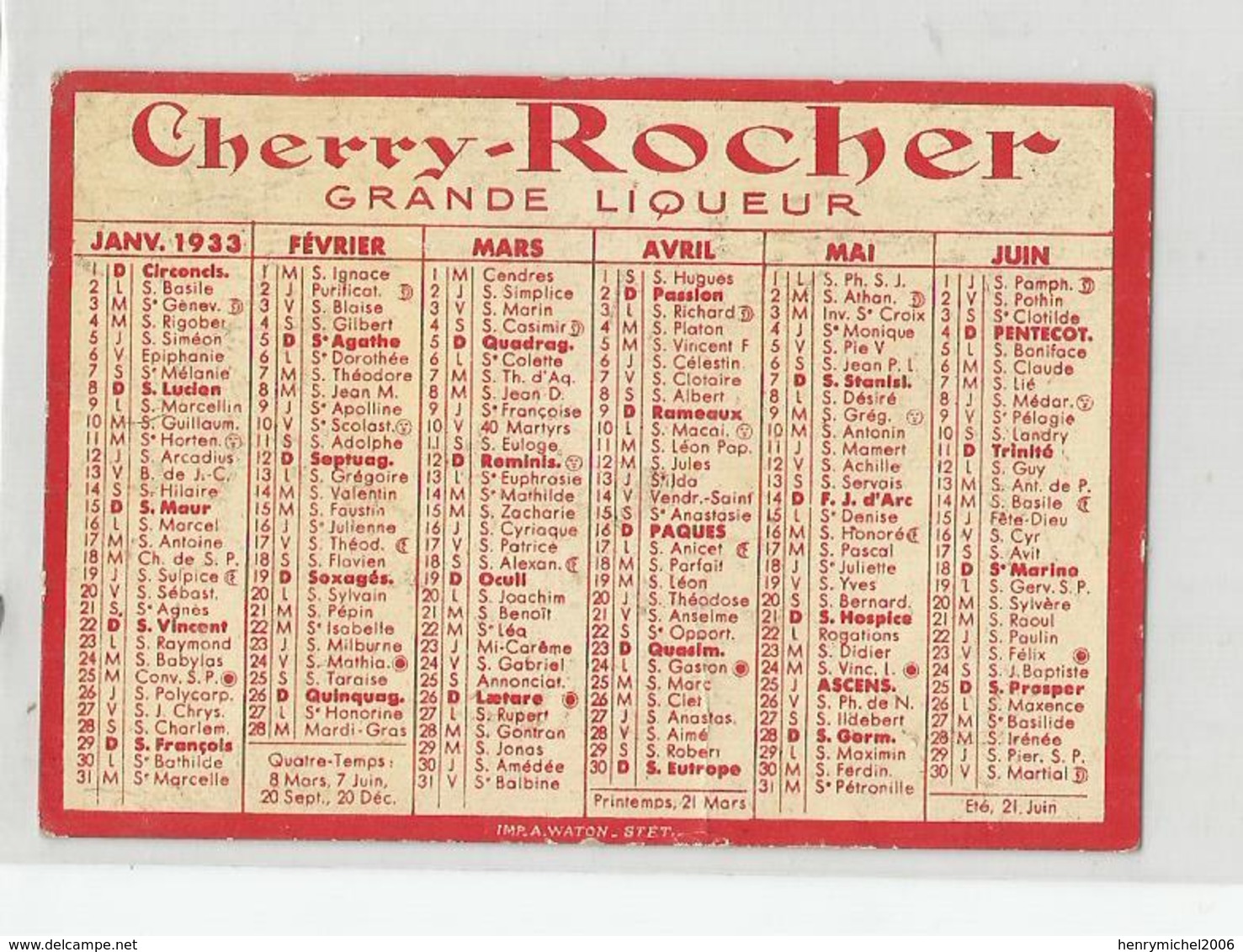Calendrier 1933 Petit Format Pub Cherry Rocher Grande Liqueur - Small : 1921-40