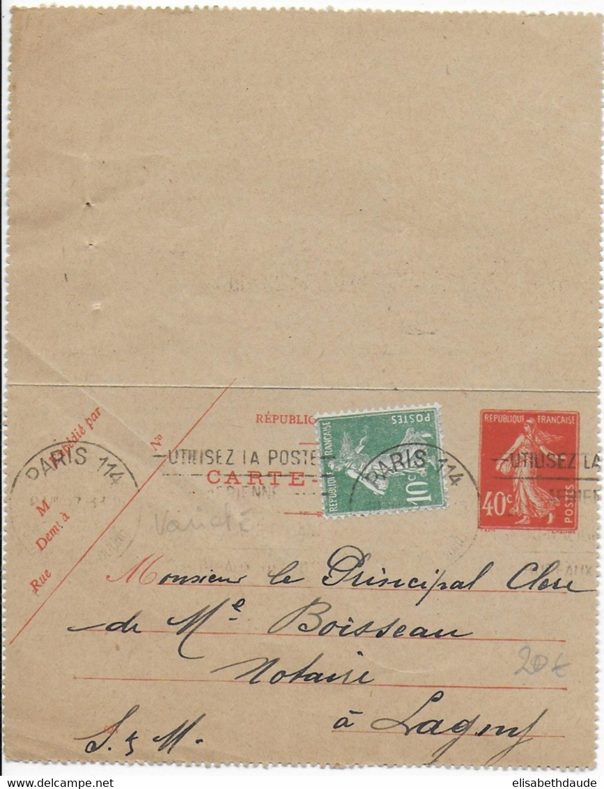 1927 - SEMEUSE VARIETE "0" COUPE Sur CARTE-LETTRE ENTIER De PARIS => LAGNY - 1906-38 Semeuse Camée