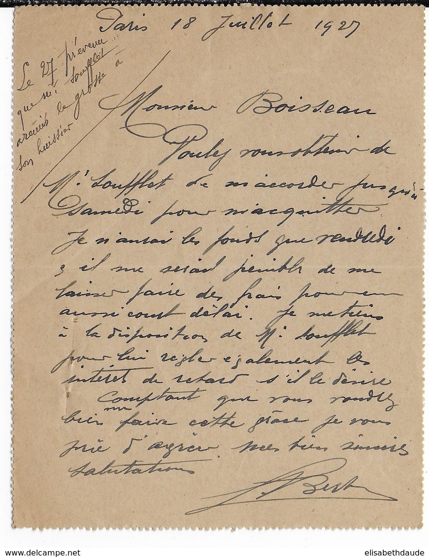 1927 - SEMEUSE VARIETE "0" COUPE Sur CARTE-LETTRE ENTIER De PARIS => LAGNY - 1906-38 Semeuse Camée