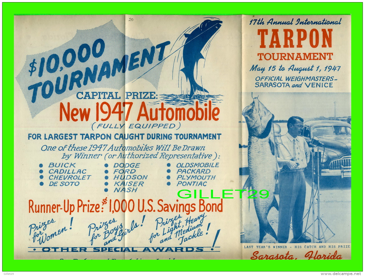 DÉPLIANTS TOURISTIQUES - TARPON TOURNAMENT 1947, SARASOTA, FLORIDA - OFFICIAL WEIGHMASTERS INCLUDE - - Dépliants Touristiques