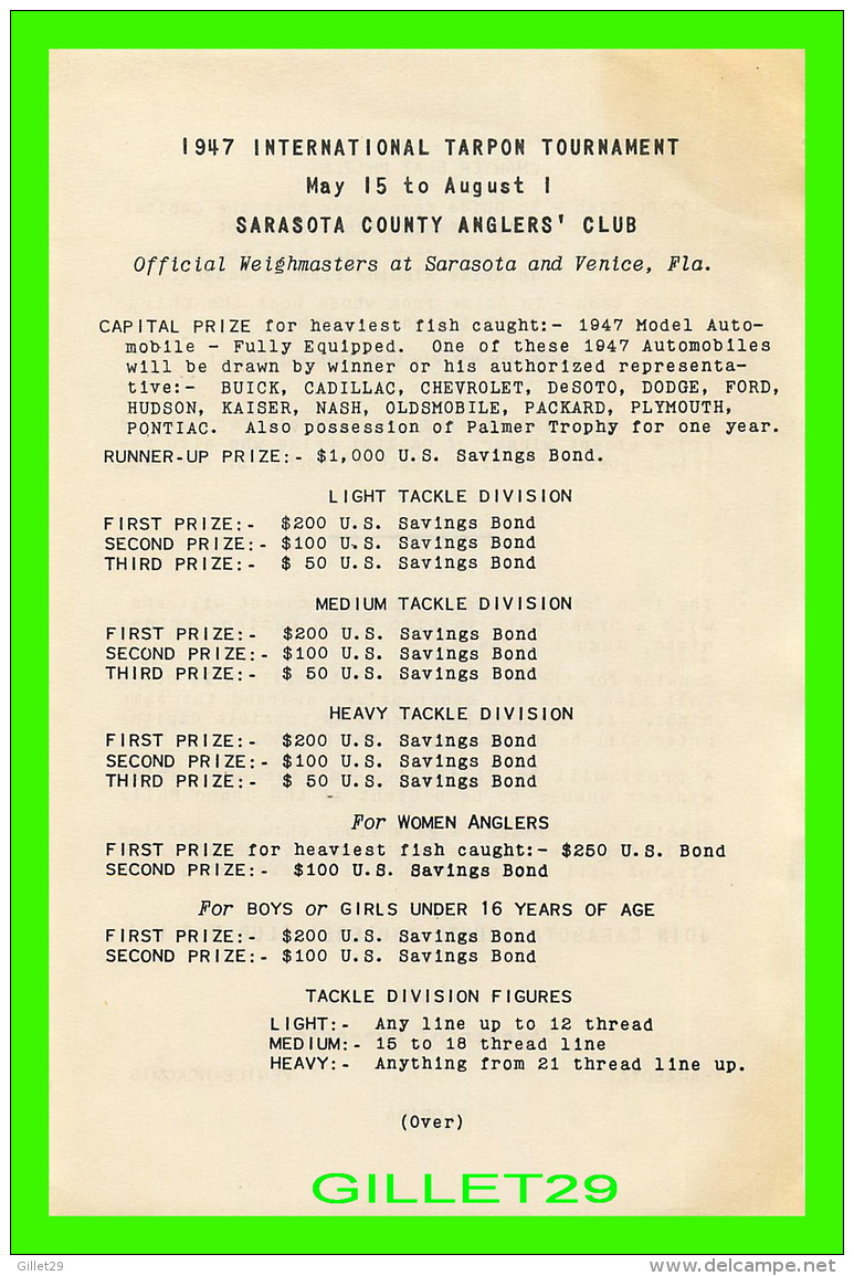DÉPLIANTS TOURISTIQUES - TARPON TOURNAMENT 1947, SARASOTA, FLORIDA - OFFICIAL WEIGHMASTERS INCLUDE - - Dépliants Touristiques