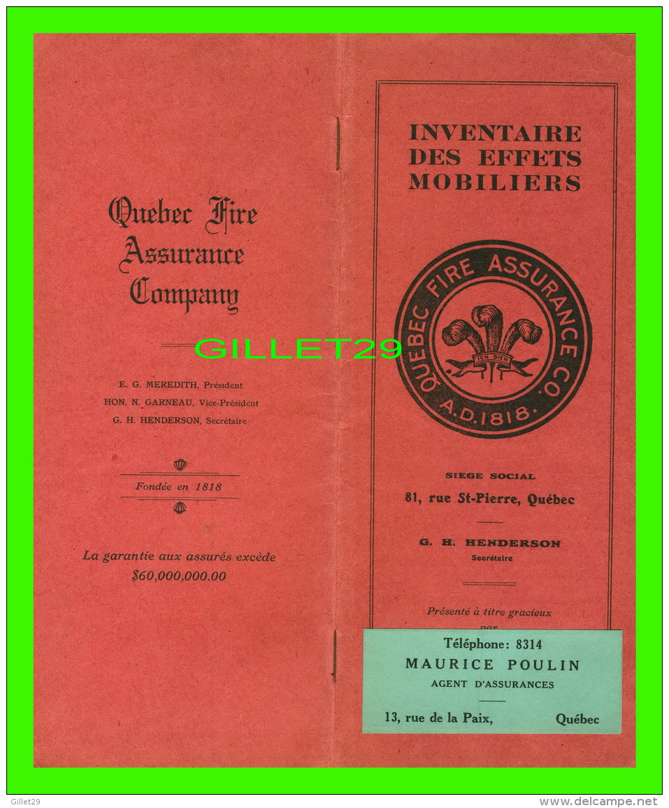 DOCUMENTS HISTORIQUES - INVENTAIRE DES EFFETS MOBILIERS,  AVANT 1940 - QUÉBEC FIRE ASSURANCE CO - 20 PAGES - M. POULIN - - Historical Documents