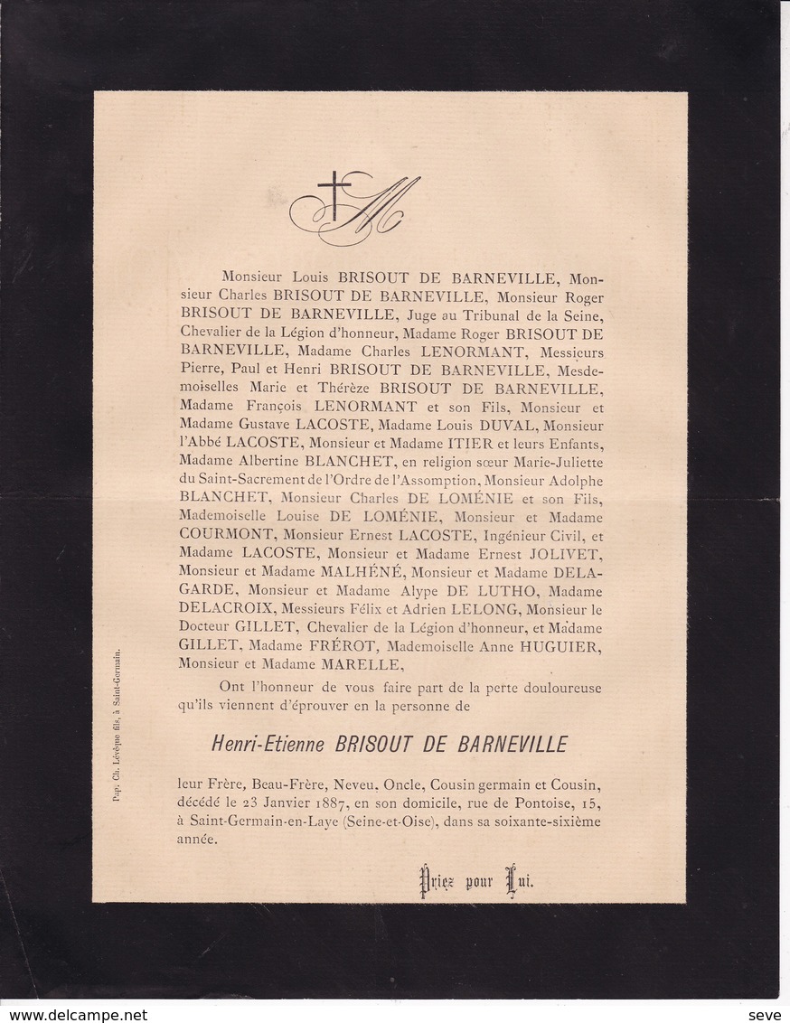 SAINT-GERMAIN-EN-LAYE Henri-Etienne BRISOUT De BARNEVILLE 1887 76 Ans Famille LENORMANT LACOSTE - Obituary Notices