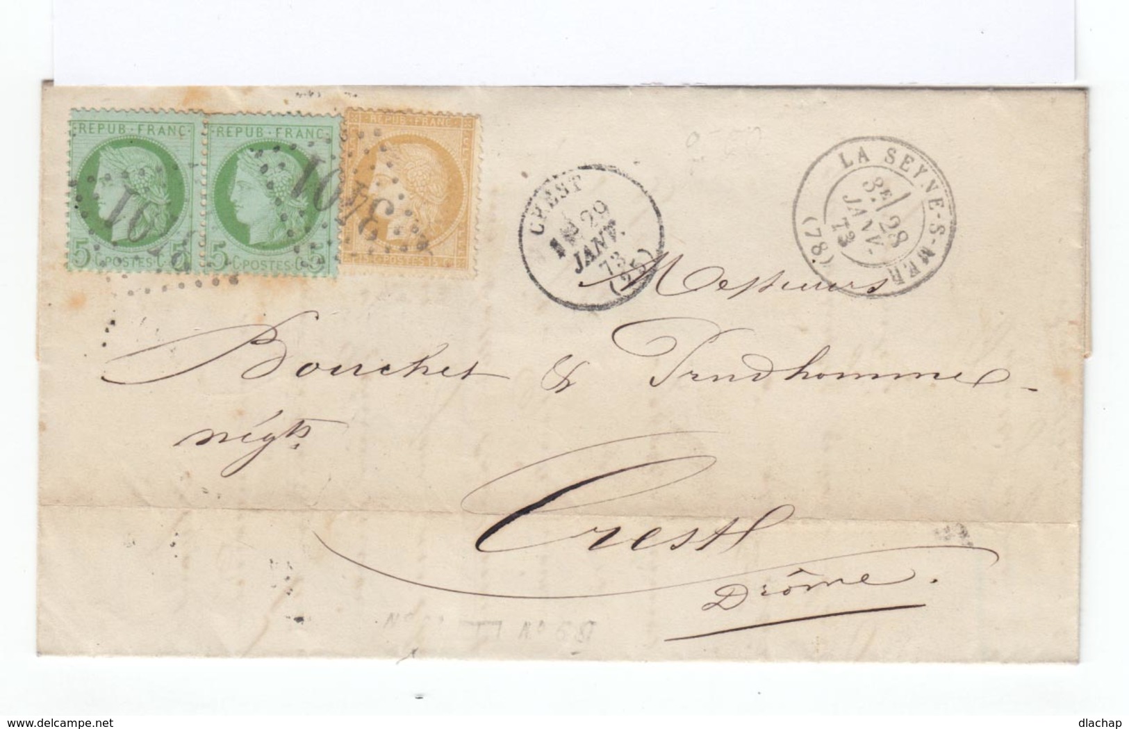 Sur Lettre Paire De Céres 5 C. Vert Et Un Céres 15 C. Bistre Obl. Losange. CAD La Seyne Sur Mer 1873. (504) - 1849-1876: Période Classique