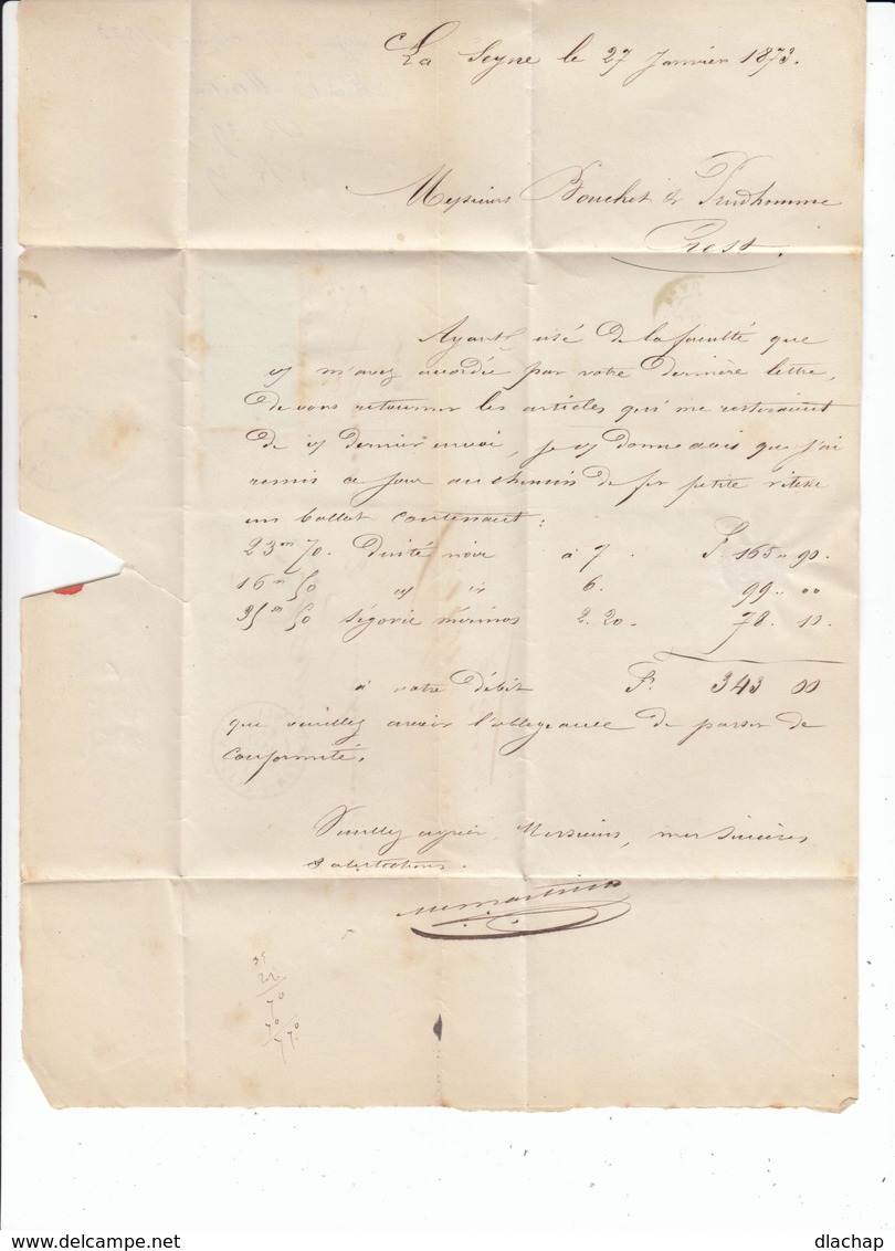 Sur Lettre Paire De Céres 5 C. Vert Et Un Céres 15 C. Bistre Obl. Losange. CAD La Seyne Sur Mer 1873. (504) - 1849-1876: Période Classique