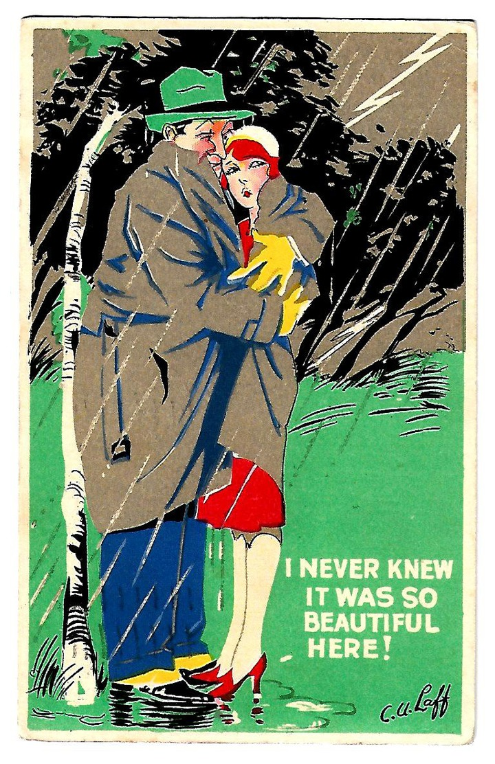 Cartolina Postale Con Un Uomo Ed Una Donna Abbracciati Sotto Un Temporale. "I Never Knew It Was So Beautiful Here!" 1934 - Altri & Non Classificati