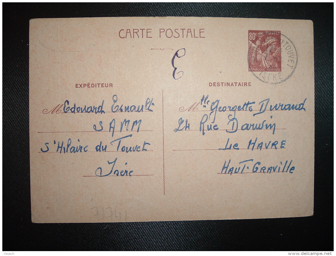 CPE IRIS 80c OBL.7-8 41 ST HILAIRE DU TOUVET ISERE (38) Edouard ESNAULT à Georgette DURANT LE HAVRE (76) - Guerre De 1939-45