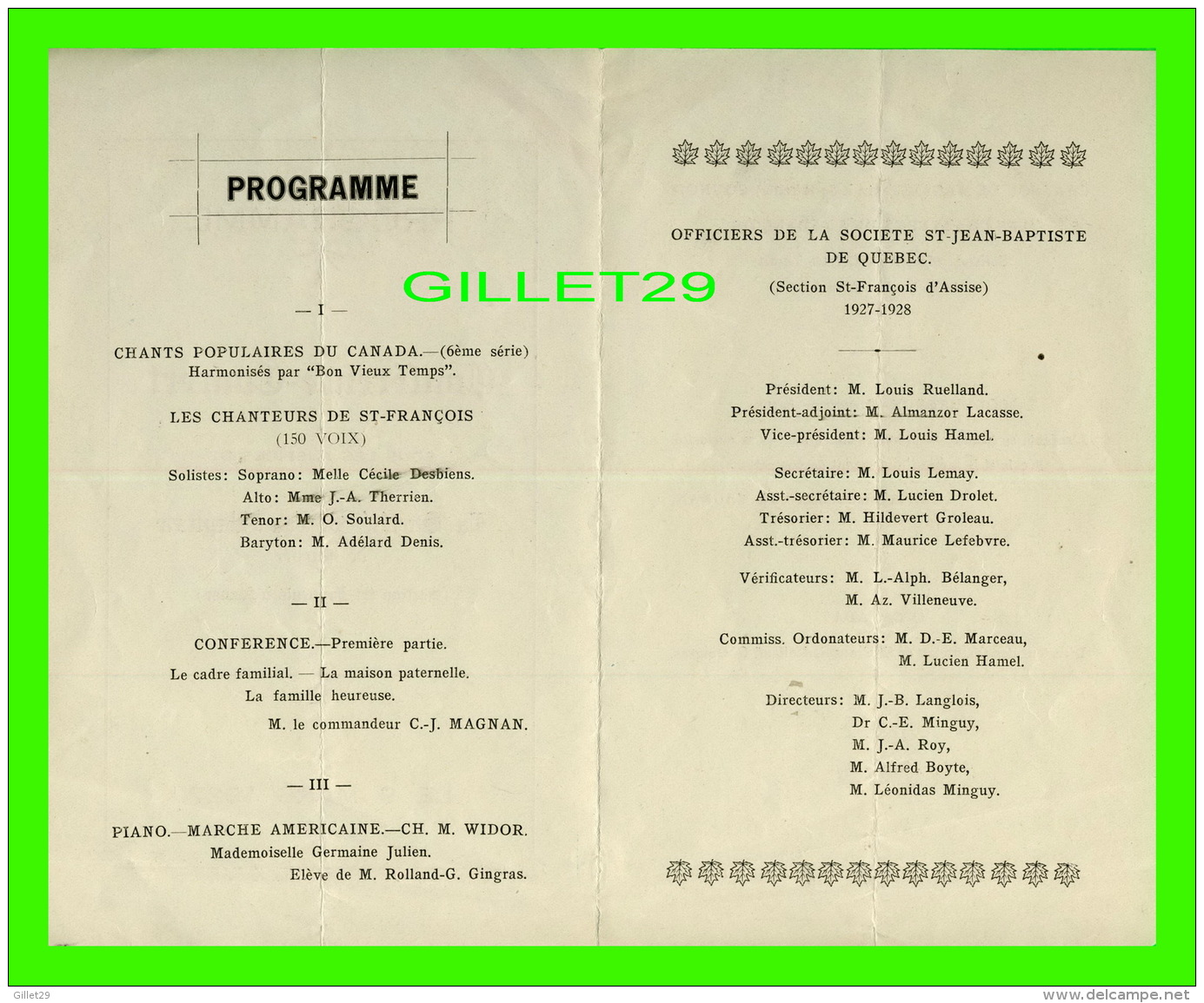 PROGRAMME - CONFÉRENCE-CONCERT, LA SOCIÉTÉ ST-JEAN-BAPTISTE DE QUÉBEC LE 9 MARS 1927 - 4 PAGES - - Programmes