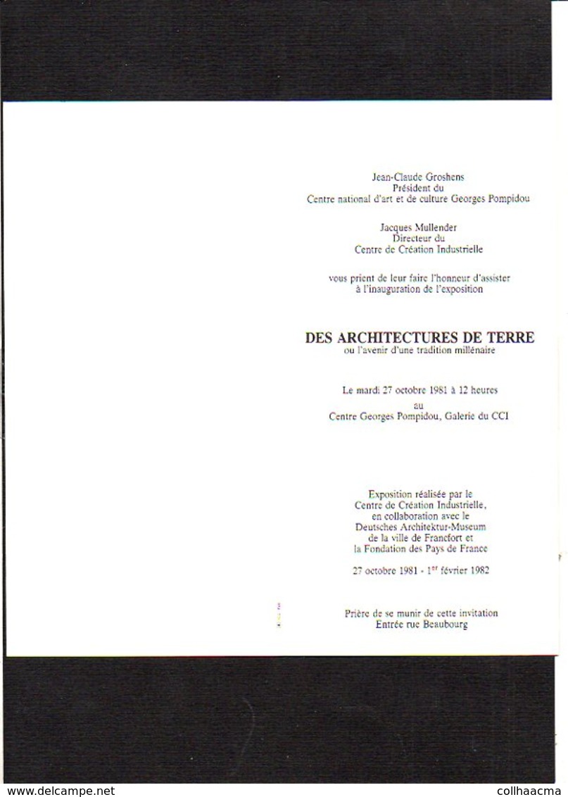 1981 Centre Pompidou / Invitation De J.Cl.Groshems & J.Mullender Inauguration Exposition "Des Architectures De Terre - Other & Unclassified