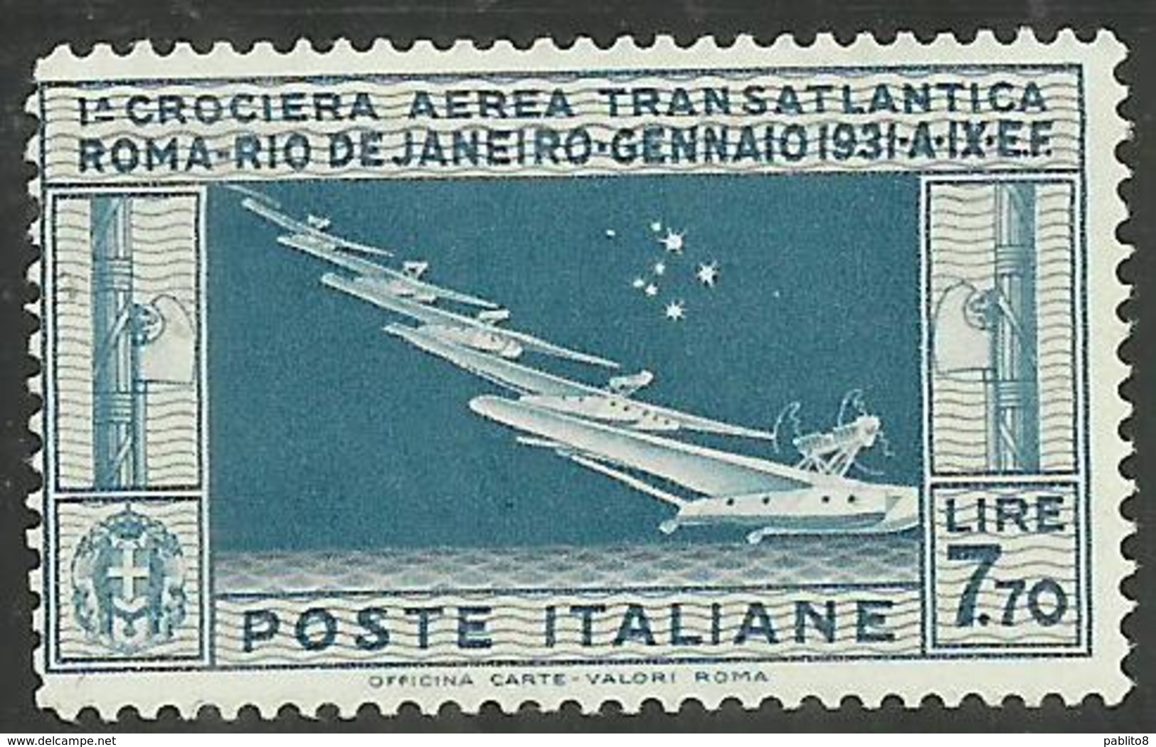 ITALIA REGNO ITALY KINGDOM 1930 VARIETA' 7 STELLE STARS VARIETY POSTA AEREA AIR MAIL CROCIERA BALBO 7,70 MNH CERTIFICATO - Posta Aerea