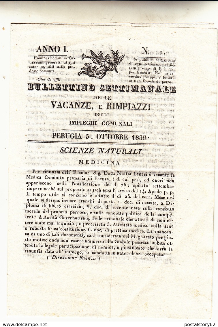 Bollettino Settimanale Delle Vacanze E Rimpiazzi Degli Impieghi Comunali. Anno 1 Num.1  Perugia 05 Ottobre 1839 - Premières éditions